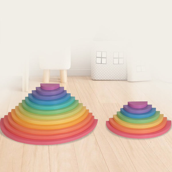 Casa Bambini Wooden Rainbow Semicircles Stacker: pastel graduated birch plywood arches for open-ended play
