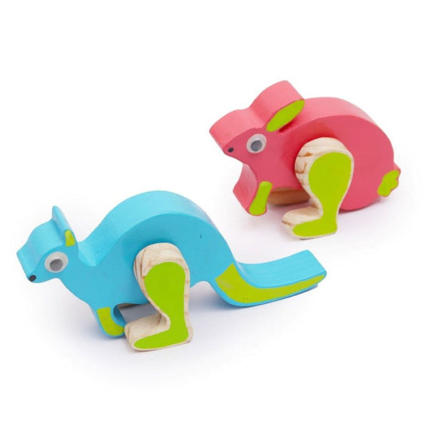 Opa Toys Wooden Ramp Walking Kangaroo and Rabbit set of 4: gravity-powered pine wood walkers for toddlers ages 2+