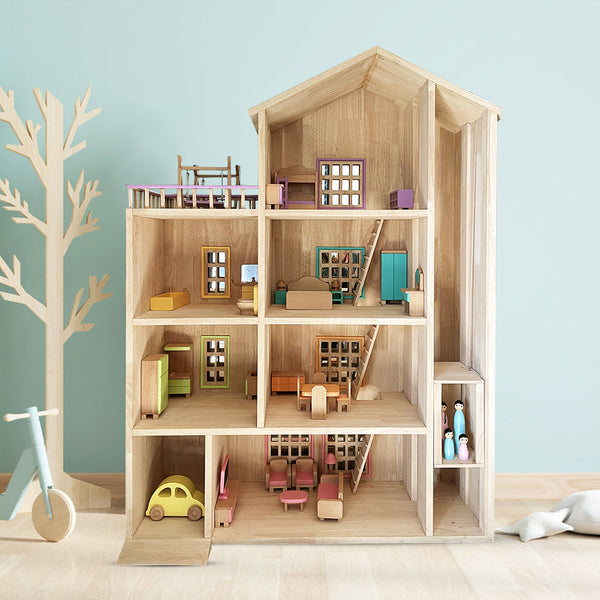 Casa Bambini Wooden Doll House for Kids: open-faced wooden doll house with multiple rooms for imaginative pretend play, ages 3 to 8